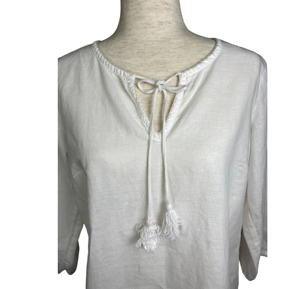 Lands End White Ivory Linen V-Neck Keyhole Eyelet 3/4 Sleeve Tunic Blouse Top XS - Picture 6 of 12